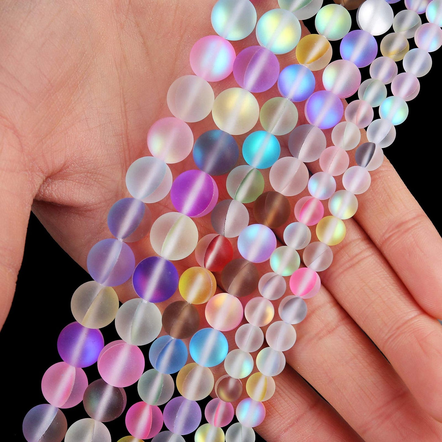 Matte Mixed Color Aurora Crystal Glass Beads, 10MM Frosted Glitter Shining Mermaid Round Loose Beads, Rainbow Holographic Synthetic Moonstone for Jewelry Making DIY Bracelet