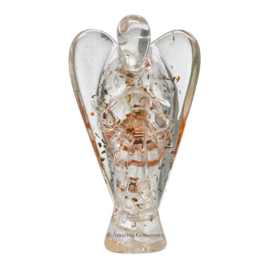 Amazing Gemstone Clear Quartz Guardian Angel Figurine Pocket Crystal Angel for Protection - Orgone Guardian Angel with Orgonite Layer and Natural Crystal for Healing Gift (2 Inch, Organite)