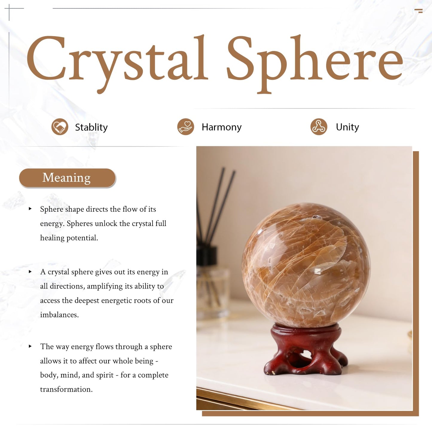 Nupuyai Natural Orange Moonstone Crystal Ball with Resin Stand, Healing Crystal Sphere for Home Decor 2.8"-3.15"(71mm-80mm)
