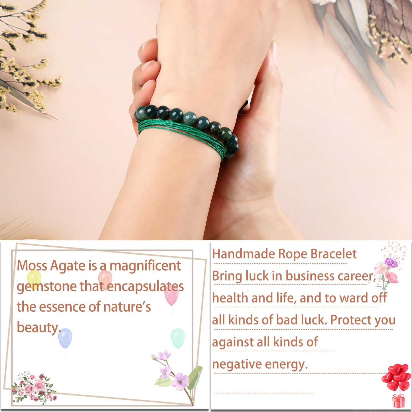 LPBeads 8mm Moss Agate Bracelet with Handmade Rope Bracelet Size Adjustable Natural Stone Crystal Healing Bracelets Gifts for Unisex Adults