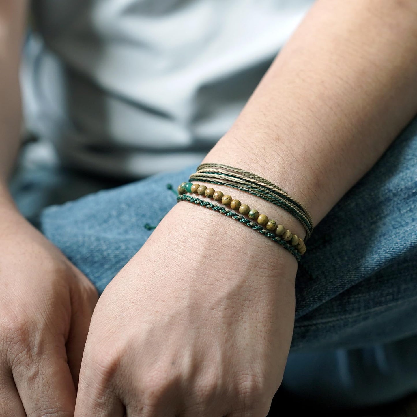 Handmade Natural Stone Beaded Healing Bracelet Gift for Men Adjustable Rope String Bracelet (Green Loong Jasper, Adjustable)