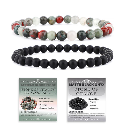 NCB 2-Piece 6mm Natural Crystal Gemstone Stretch Bracelets – ﻿African Bloodstone, Matte Black Agate Handmade Reiki Energy Healing Jewelry for Meditation,Yoga, Unisex