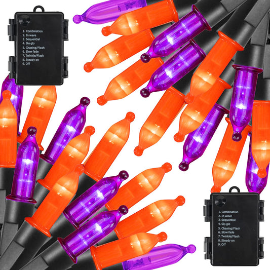 Dazzle Bright 50 LED Mini String Lights, 16FT Waterproof, 2 Pack, Purple and Orange, 8 Modes for Indoor Outdoor Christmas Decorations