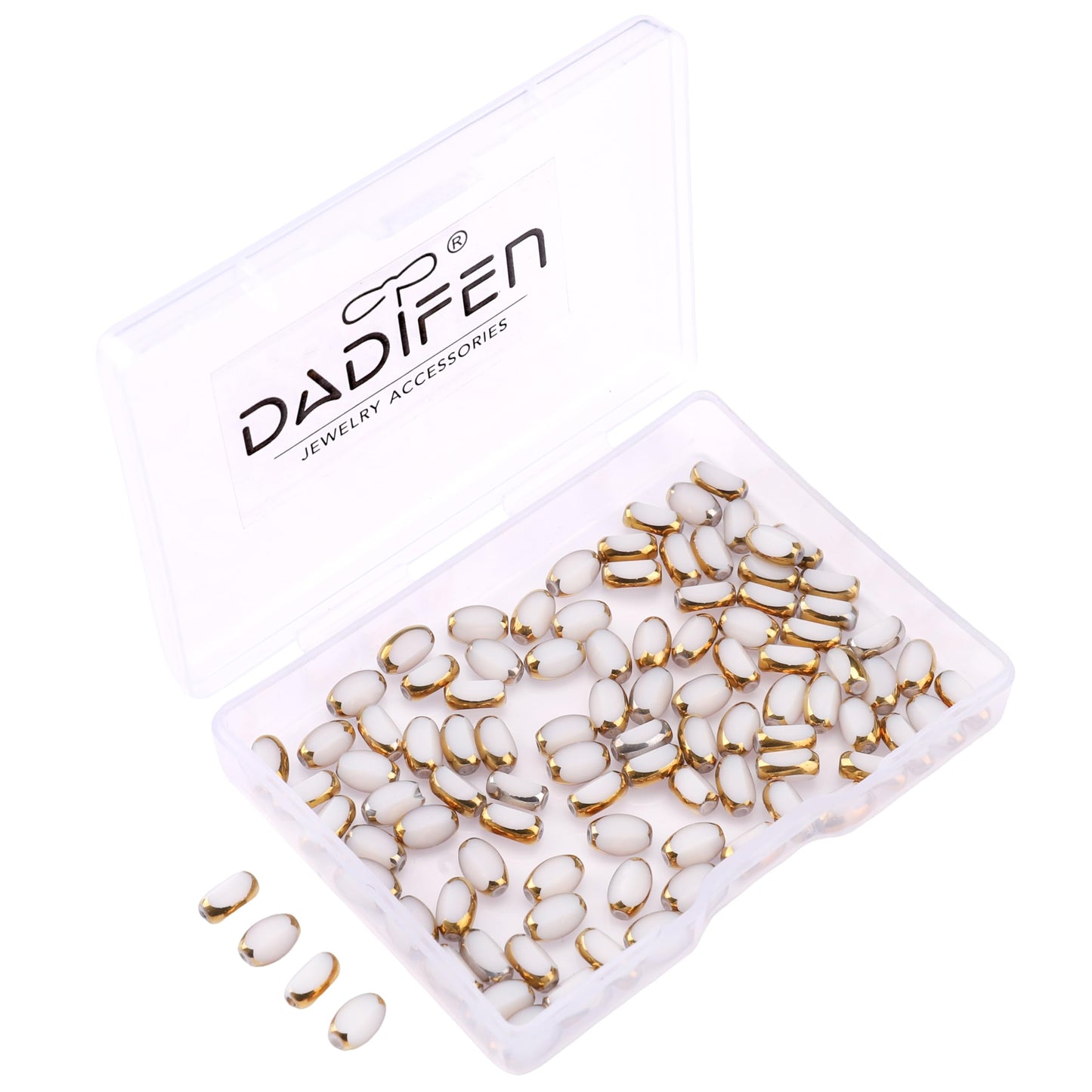DADIFEN Glass Rice Beads White 4x6mm 50pcs Faceted Oval Golden Edge Crystal Loose Beads for DIY Craft Jewelry Making