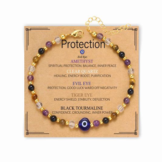 Kenailw Evil Eye Bracelet Natural Crystal Protection Bracelet Healing Stones Amethyst Black Tourmaline Tiger Eye Adjustable Spiritual Guardian Jewelry Gift for Best Friend Women