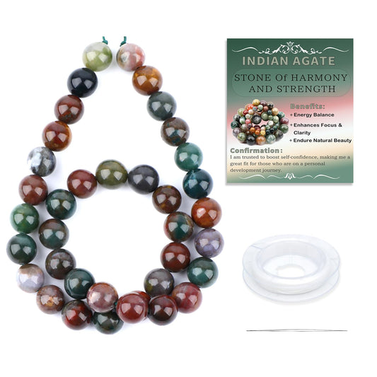 CMBYN Natural Stone Beads Round Genuine Real Stone Beading Strand Loose Gemstones DIY Smooth Bead for Bracelet Necklace Earrings Jewelry Making (Indian Agate, 10mm 36 Pieces)