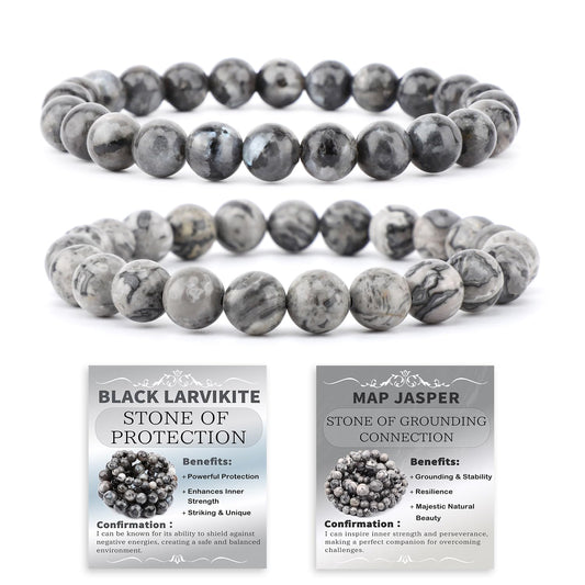 NCB 2-Piece 8mm Natural Crystal Gemstone Stretch Bracelets – ﻿Black Larvikite, Map Jasper Handmade Reiki Energy Healing Jewelry for Meditation,Yoga, Unisex
