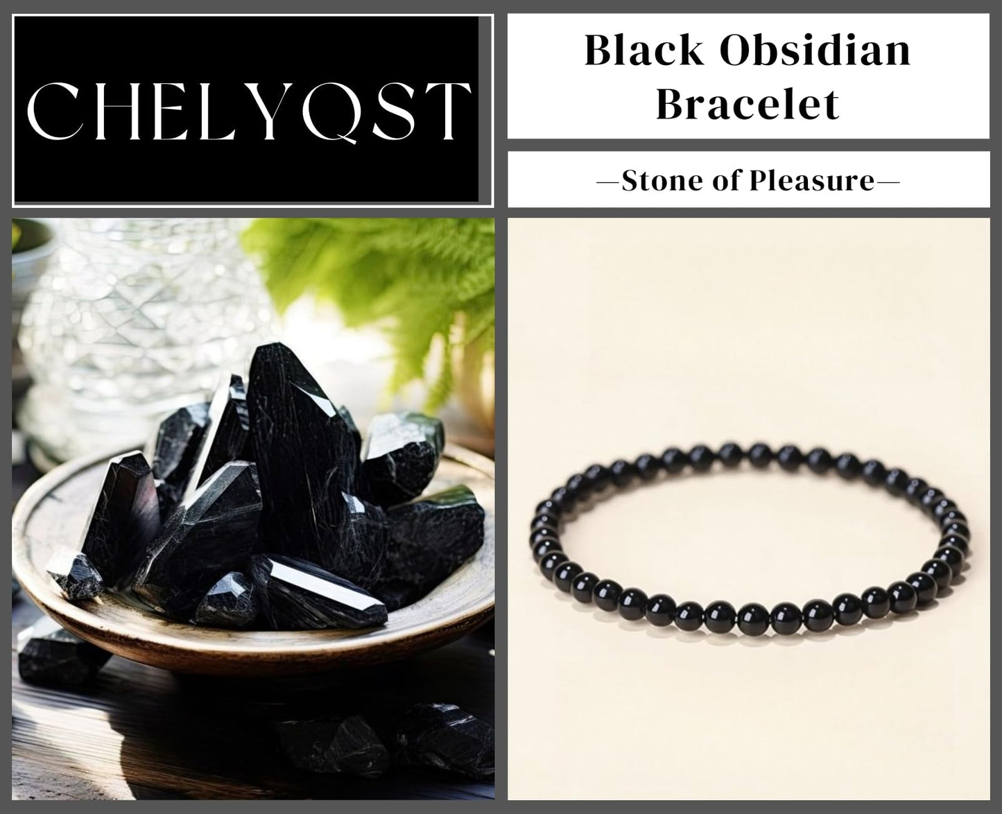 CHELYQST Black Obsidian Bracelet - Stone of Pleasure,Stretch Natural Stone Crystal Beads Jewelry Gifts for Women Men Unisex Adult,4mm