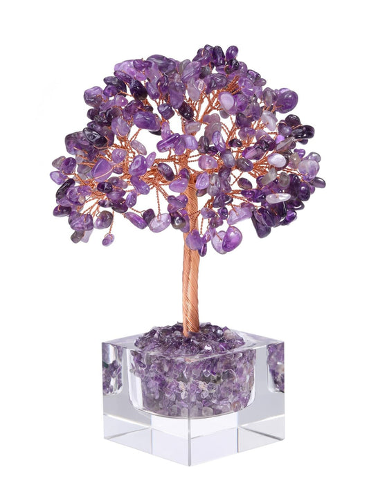 Jovivi Large Crystal Tree with Square Glass Base, Amethyst Healing Crystals Tree Life Natural Chipped Gemstone Money Trees Feng Shui Good Luck Positive Energy Purple Home Desk Decor