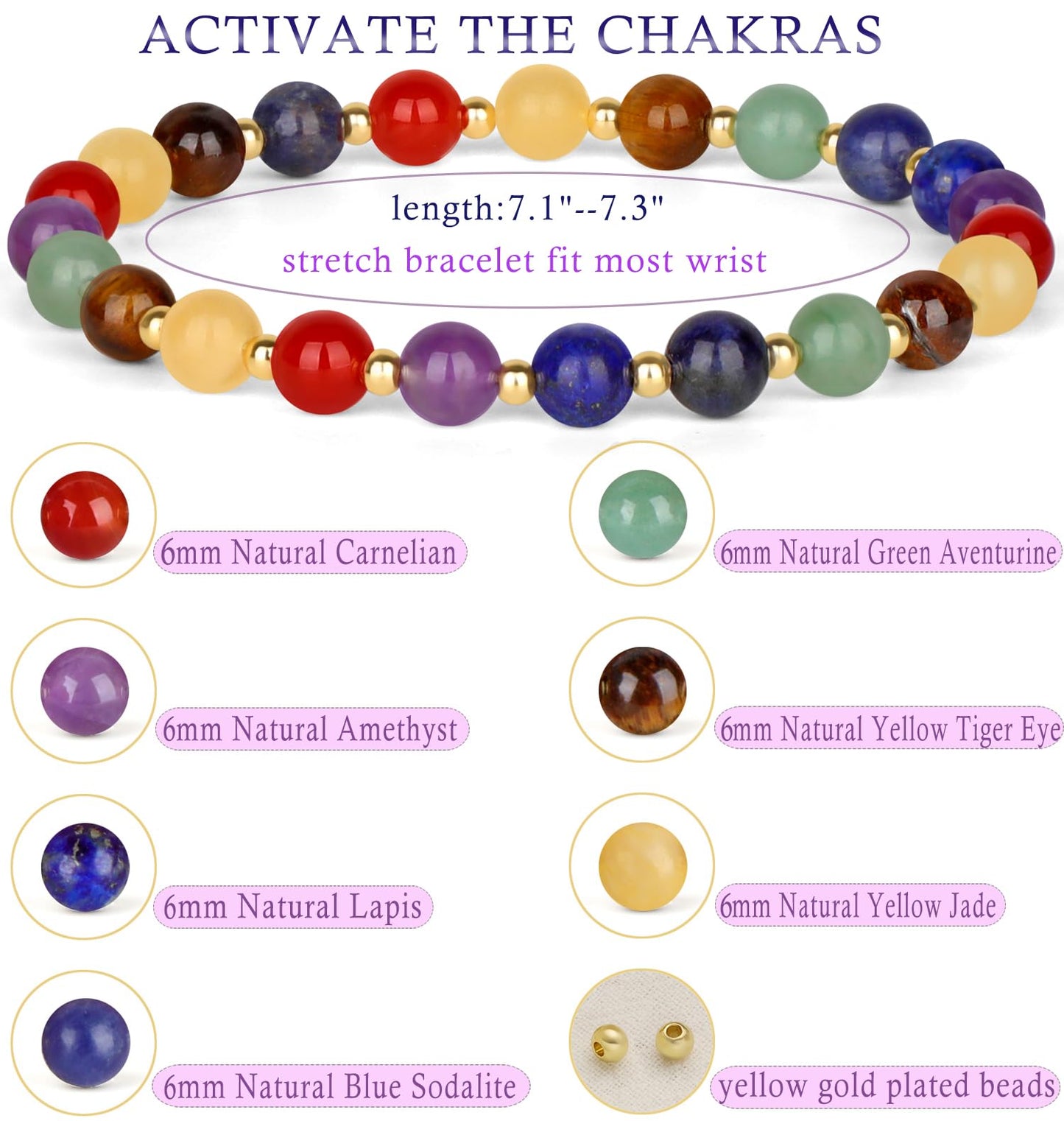 QOGIR 7 Chakra - Activate The Chakras - 14K Gold Plated Beads Natural Gemstone Stretch Elastic Dainty Healing Beaded Bracelets Gifts 6mm