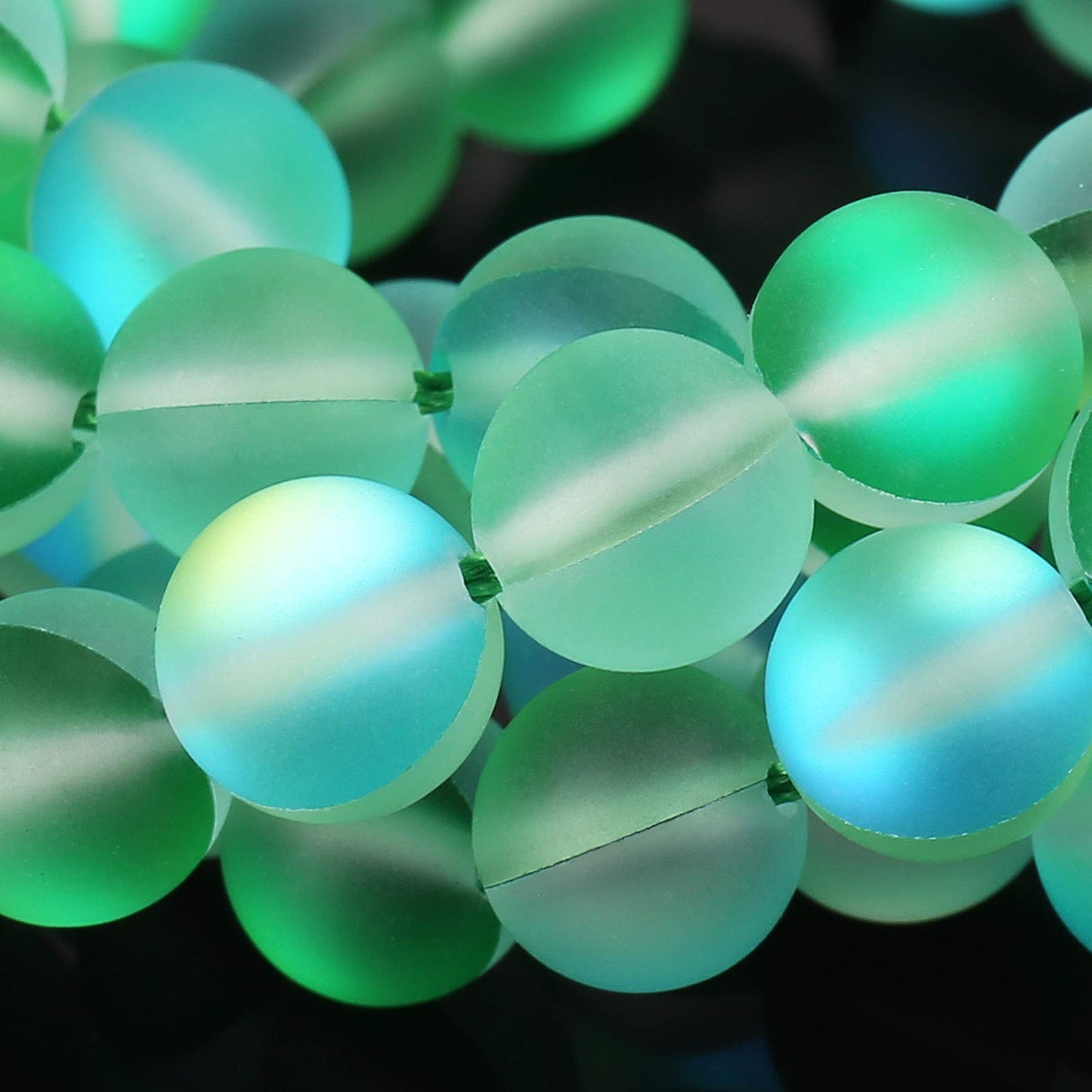 Matte Green Aurora Crystal Glass Beads, 6MM Frosted Glitter Shining Mermaid Round Loose Beads, Rainbow Holographic Synthetic Moonstone for Jewelry Making DIY Bracelet