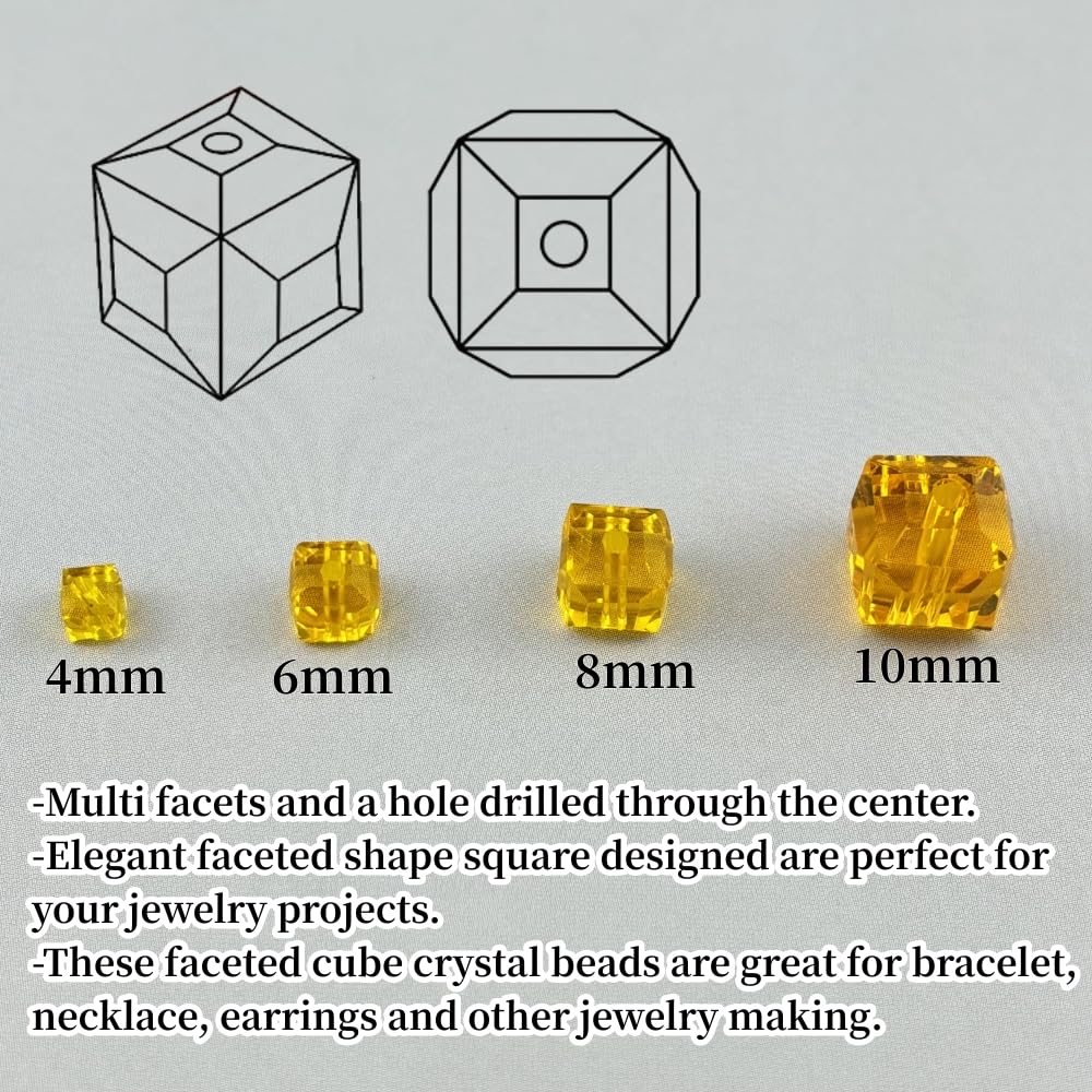 YUEXIGO 200pcs 4mm Cube Crystal Glass Beads for Jewelry Making Faceted Square Crystal Glass Bead Spacer Beads Loose Beads for Bracelet Earring Necklace DIY Craft(Gold Yellow)