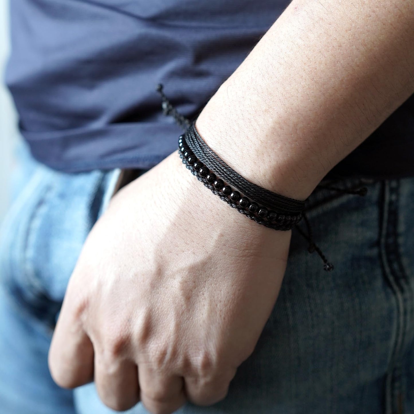 Handmade Natural Stone Beaded Healing Bracelet Gift for Men Adjustable Rope String Bracelet (Onyx, Adjustable)