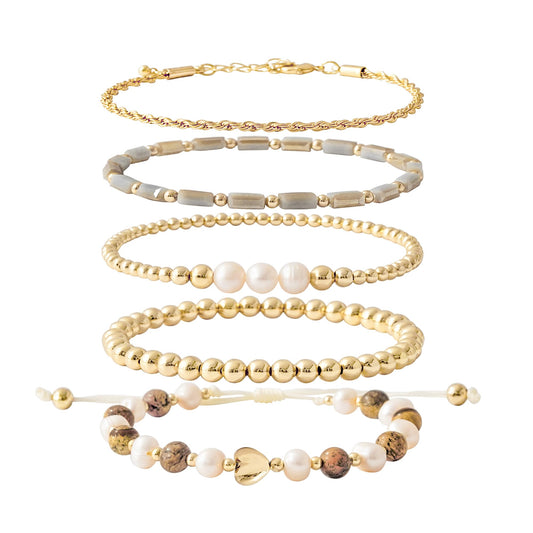 GOOJIDS Tiny Pearl Gold Plated Heart Beaded Bracelets For Women Dainty Gold Plated Pearls Stack Layered Beads Bracelet set for MAMA Birthday Mother's Day