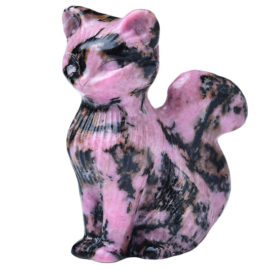 WUYOUSHI Natural Rhodonite Crystal Cat Statue 2.4 Inch - Handmade Healing Sculpture, Lucky Guardian Pocket Statue for Reiki Meditation, Office & Home Decoration Gift