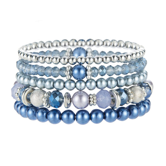 Noessla Beaded Pearl Stretch Bracelet Silver Stackable Crystal Beads Bracelets Trendy Costume Jewelry Mothers Day Gifts for Women(Blue)