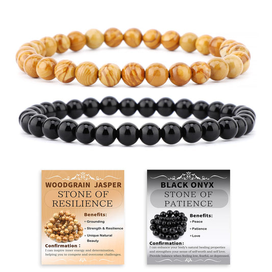 NCB 2-Piece 6mm Natural Crystal Gemstone Stretch Bracelets – ﻿Black Onyx, Woodgrain Jasper Handmade Reiki Energy Healing Jewelry for Meditation,Yoga, Unisex