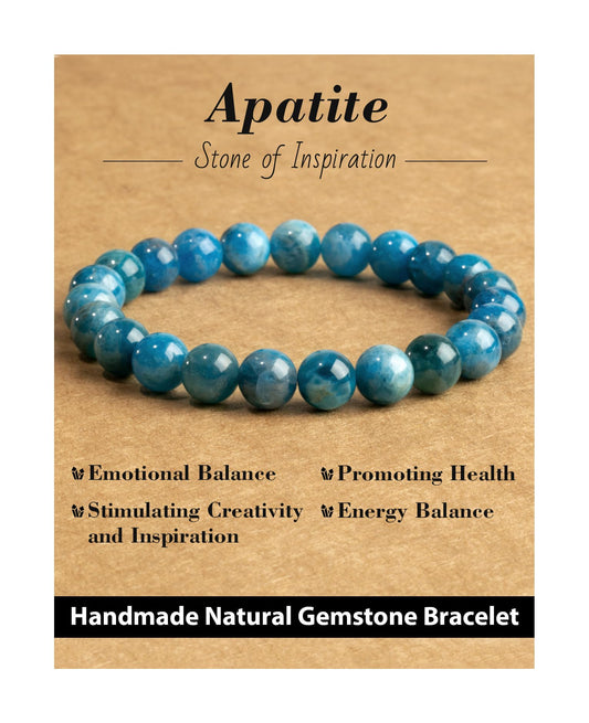 Landorilo Beaded Bracelet for Men Women, 8mm Natural Stone Apatite Healing Crystal Stretch Bracelets, Ideal Christmas Birthday Jewelry Gifts with Energy Card，Replacement Beads Included
