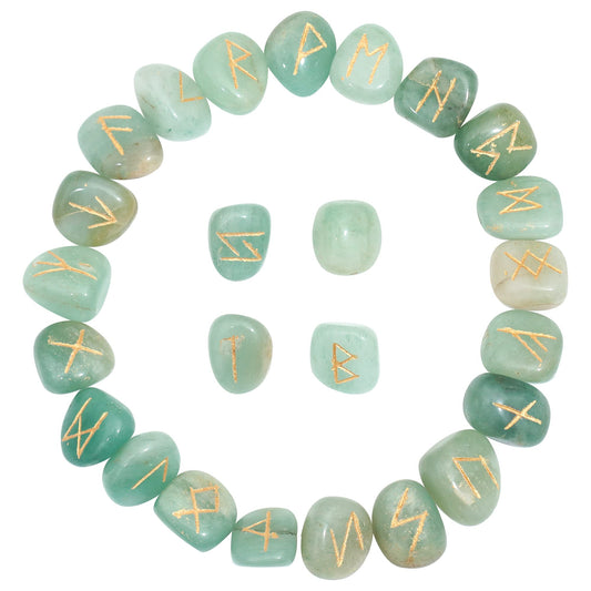 Crocon Green jade Gemstone Rune Stone with Elder Futhark Alphabet Engraved Symbol 25 pcs Set for Feng Shui Reiki Crystal Healing Chakra Balancing Metaphysical Decor Size: 15-25 mm