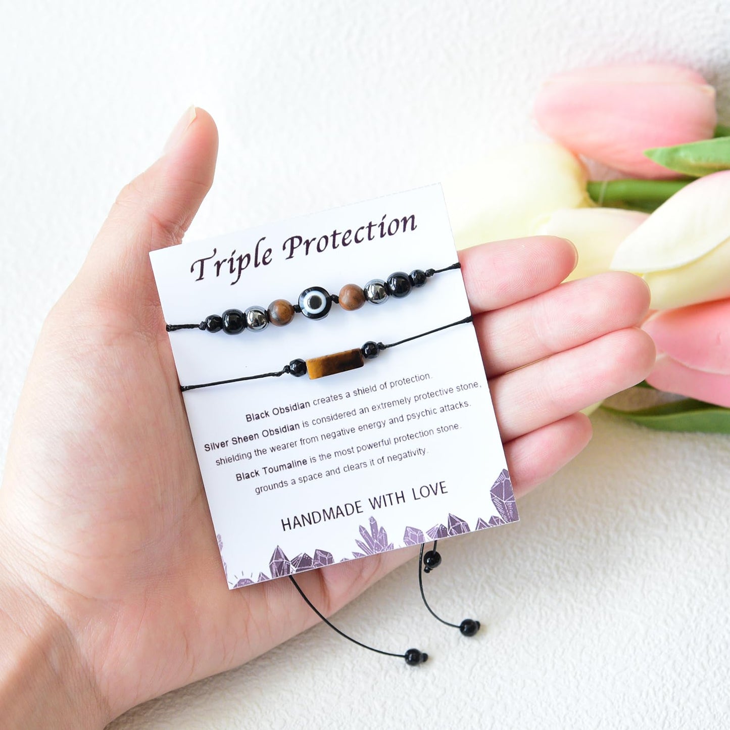 THSOGO 2Pcs Evil Eye Triple Protection Bracelets Black Obsidian and Tiger Eye Bracelets Empath Energy Protection Natural Stone Jewelry for Women Men Gifts for Him Her