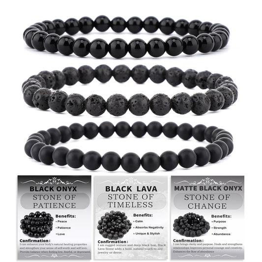 NCB 3-Piece 6mm Natural Crystal Gemstone Stretch Bracelets – ﻿Black Lava, Black Onyx, Matte Black Agate Handmade Reiki Energy Healing Jewelry for Meditation,Yoga, Unisex