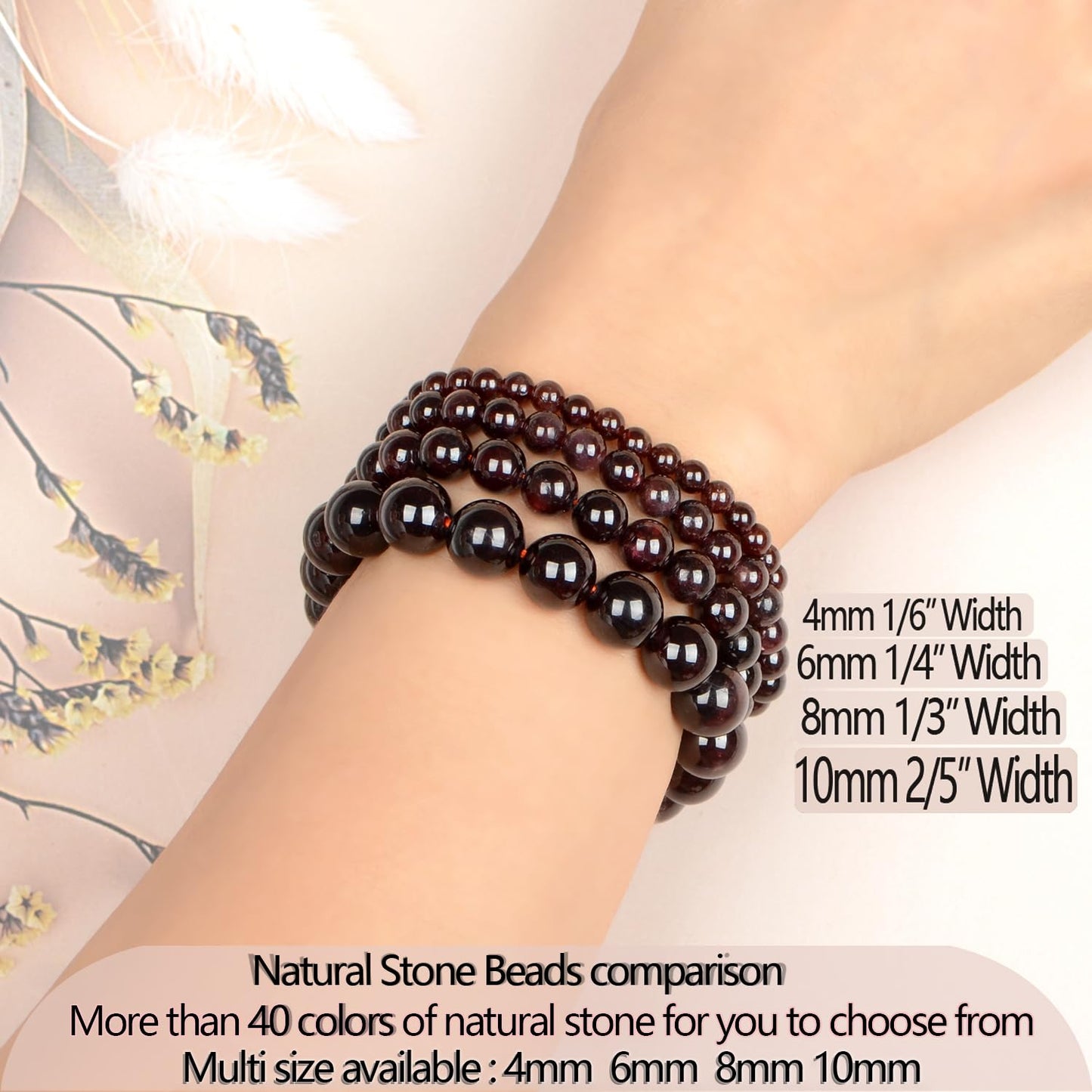 LPBeads Handmade Natural Gemstone Stretch Elastic 8mm Garnet Bracelet Healing Crystal Round Stone Beads Jewelry Gifts for Women Men