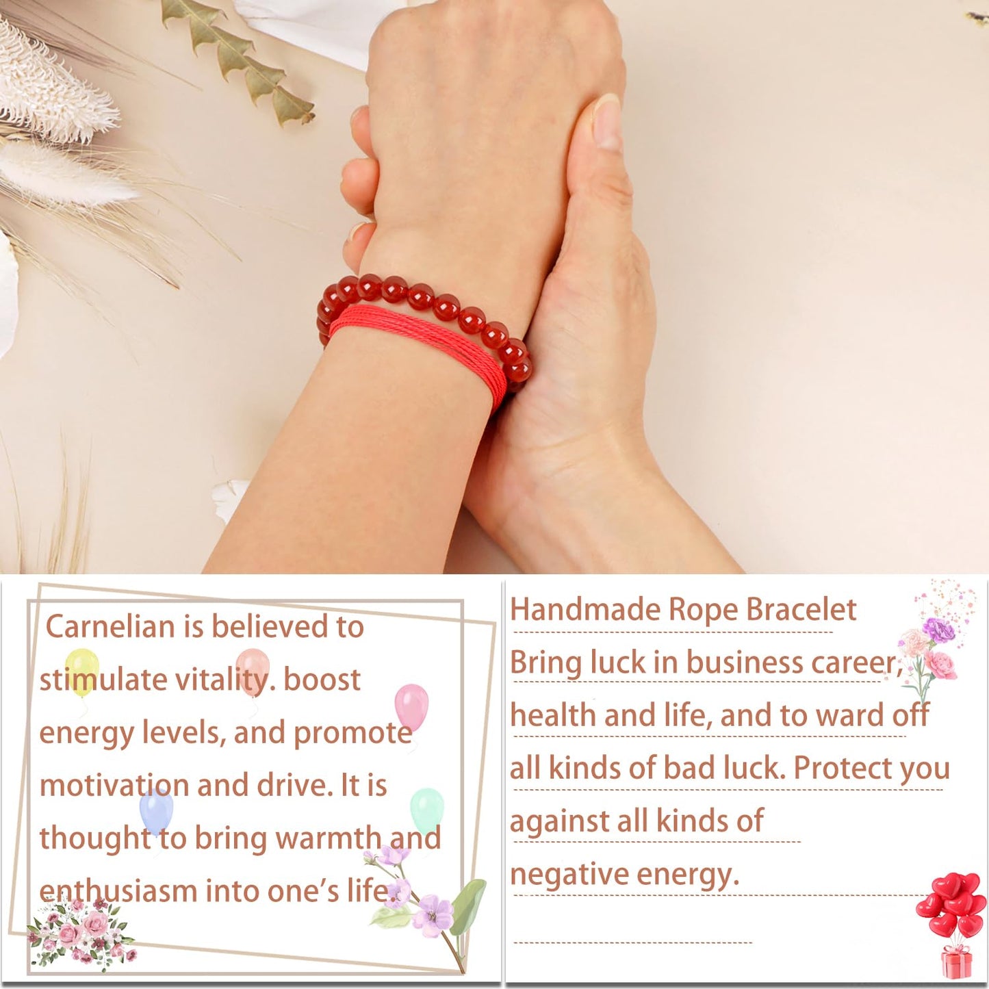 LPBeads 8mm Red Carnelian Bracelet with Handmade Rope Bracelet Size Adjustable Natural Stone Crystal Healing Bracelets Gifts for Unisex Adults