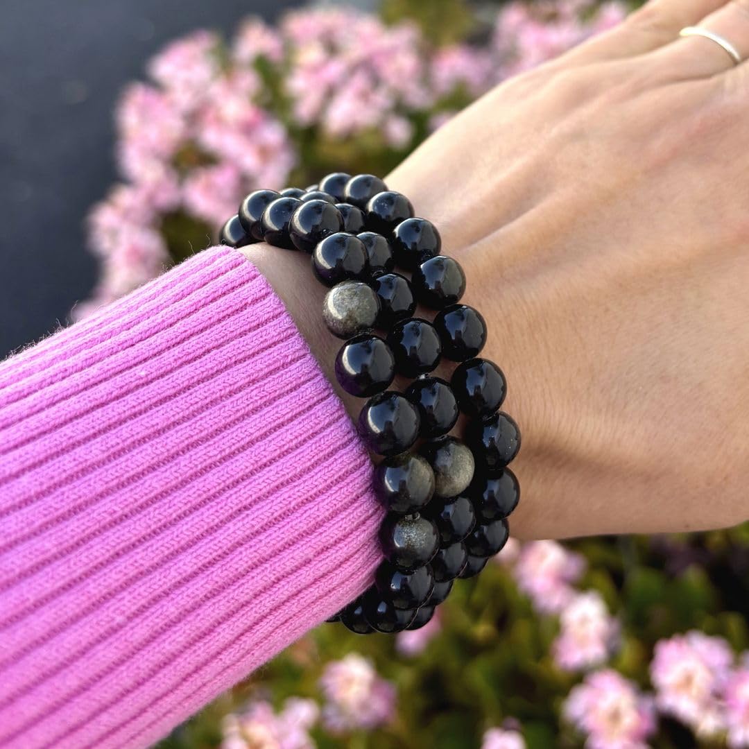 Adabele Real Natural Gold Sheen Obsidian Gemstone Beaded Bracelet 7 inch Stretch Chakra Healing Crystal Stone Jewelry Energy Quartz Rock GB8-24