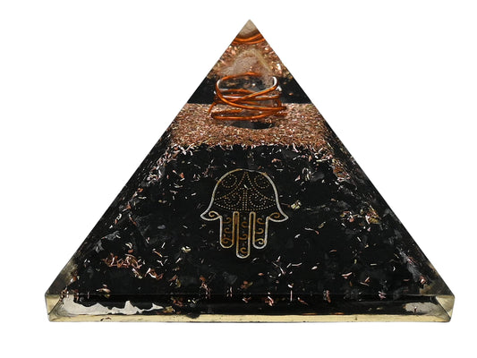 Amazing Gemstone Large Black Tourmaline Orgone Pyramid Crystal, Hamsa Hand Evil Eye Orgonite Pyramid - Positive Energy Healing