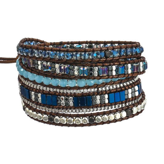 Plumiss Boho 5 Wraps Handmade Beaded Statement Stainless Steel Box Chain Bracelet Jewelry Collection for Men and Women