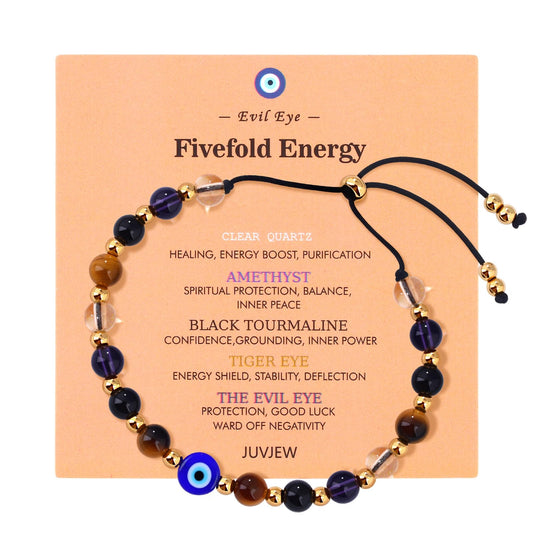 Cute Evil Eye Bracelet Red Black - Natural Crystal Protection Adjustable Spiritual Guardian Jewelry- 5 Healing Stones Clear Quartz Amethyst Black Tourmaline Tiger Eye Bracelet Adjustable (Blue Eye-Black Rope)