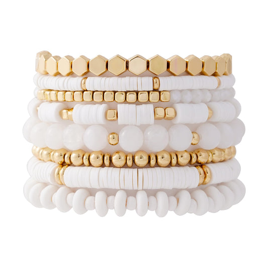 GOOJIDS White Surfer Heishi Clay Bead Bracelets for Women Bohemian Stackable Gold Plated Beaded Stretch Bracelets Elastic Layering Friendship White Bracelets Set Boho Jewelry