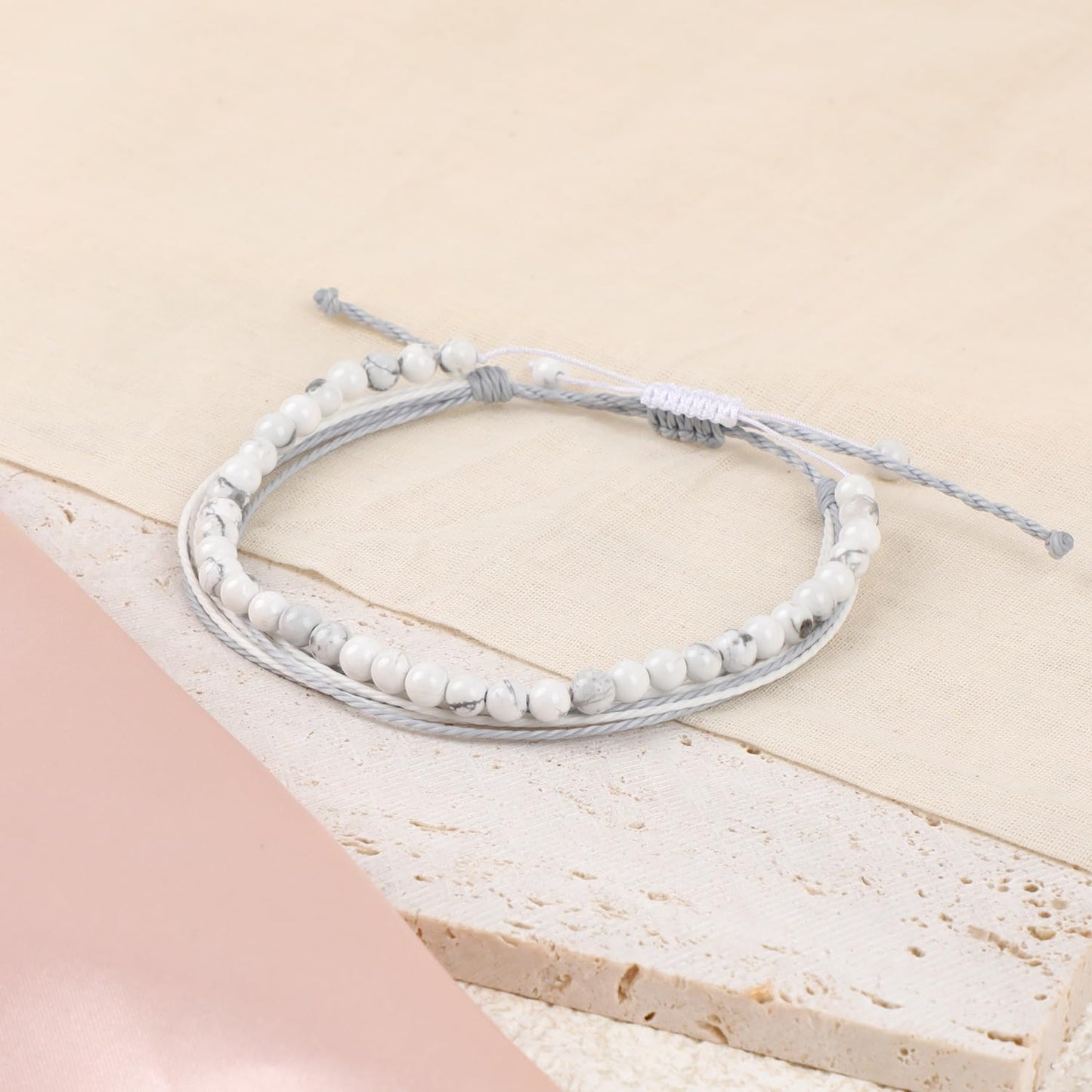 LPBeads 4mm White Howlite Bracelet with Handmade Rope Bracelet Size Adjustable Natural Stone Crystal Healing Bracelets Gifts for Unisex Adults