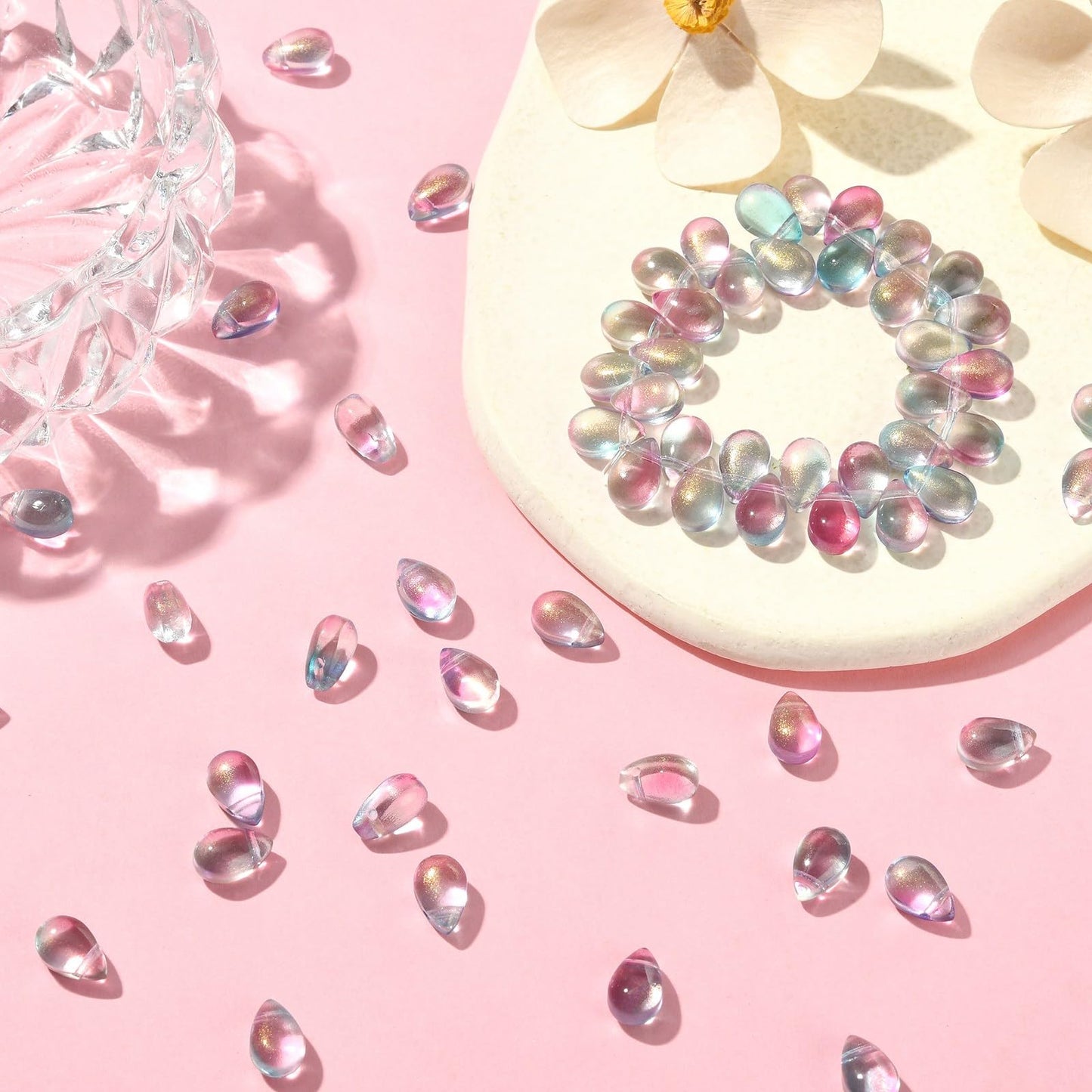 UR Urlifehall 100 Pcs Glass Teardrop Charms Transparent Spray Painted Glass Beads with Glitter Powder Beads for DIY Jewelry Crafts Making