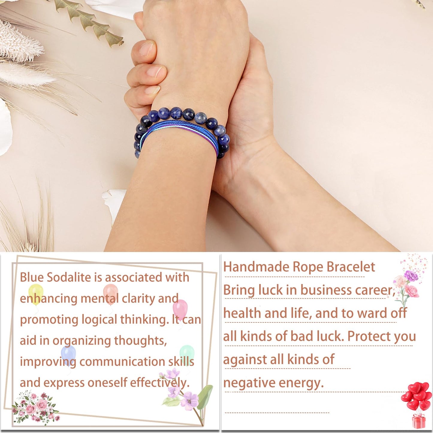LPBeads 8mm Blue Sodalite Bracelet with Handmade Rope Bracelet Size Adjustable Natural Stone Crystal Healing Bracelets Gifts for Unisex Adults