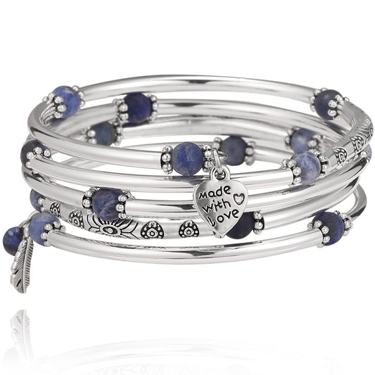 FULU AUTUMN Beaded Bangle Bracelets for Women Silver Wrap Bangles Bracelet Womens Costume Jewelry Fashion Gift(Blue)