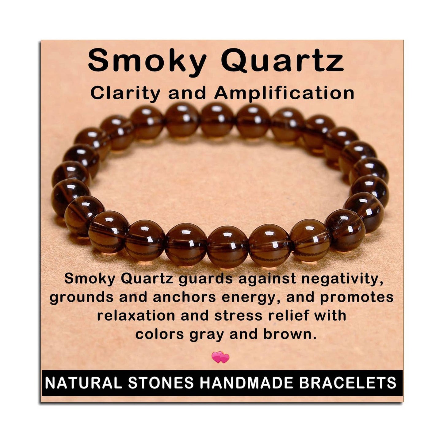 AD Beads Handmade Gemstone Stretch Elastic Bracelet Crystal Healing Reiki Nature's Beauty and Spiritual Essence Unisex (8mm, Smoky Quartz (Clarity and Amplification))