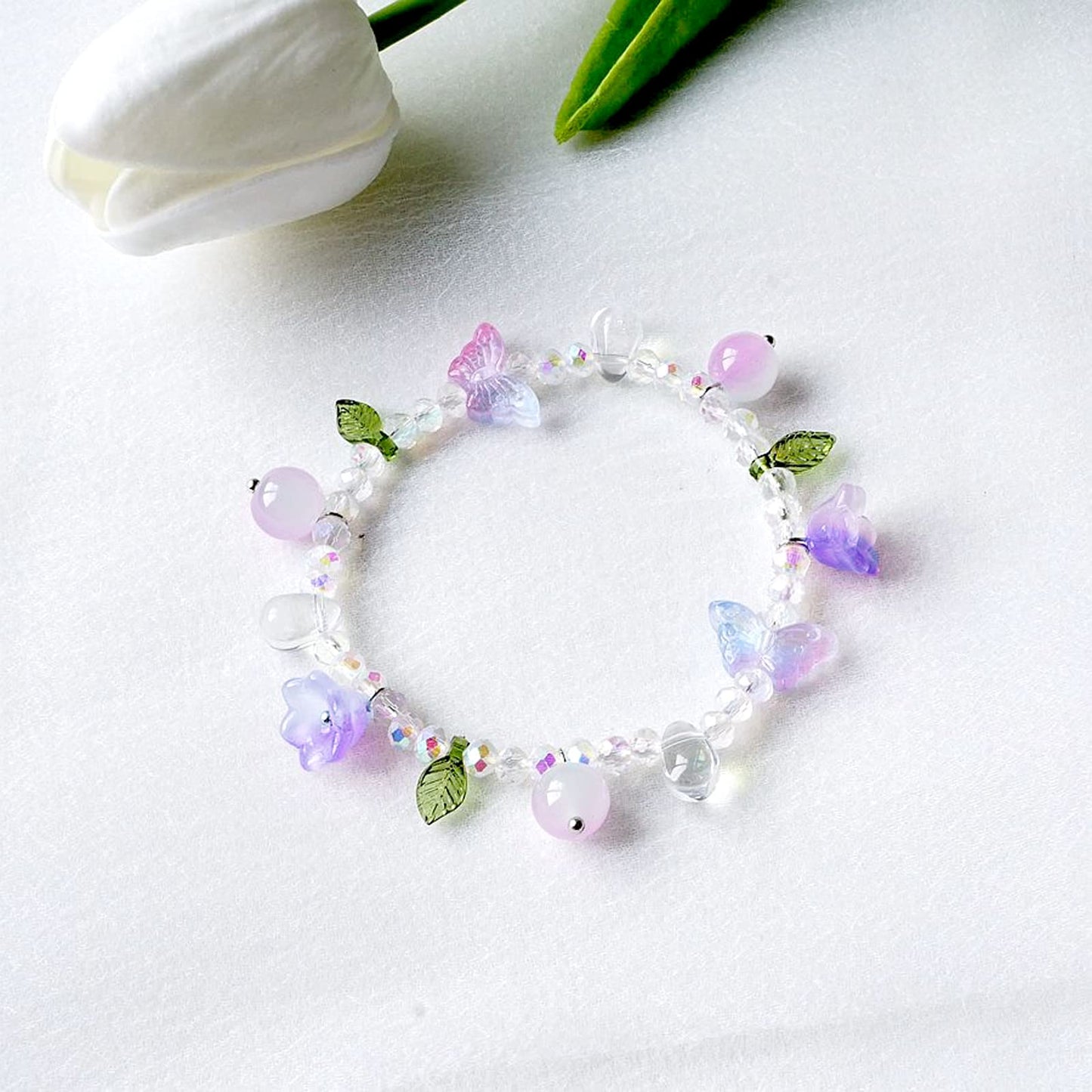 LiQunSweet 100 Pcs Handmade Lampwork Glass Crystal Beads AB Color Lily of The Valley Flower End Cap Beads for Jewelry Making