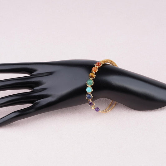 ASGIFT 7 Chakra Bracelet Adjustable 14K Gold Wire Wrapped 6.5mm Beads Bracelet Natural Crystal Yoga Meditation Bracelet Jewelrys for Women