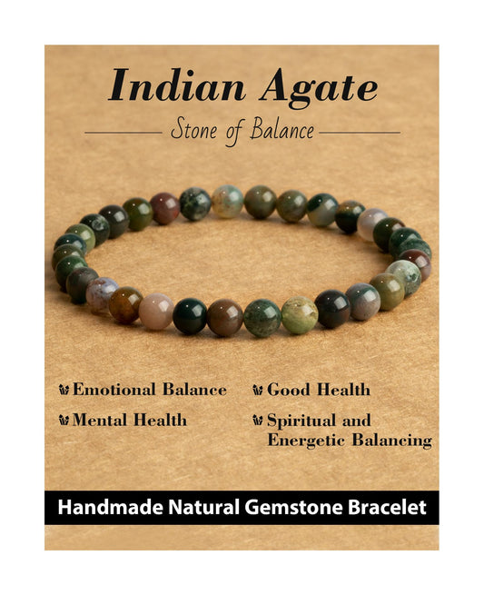 Landorilo Beaded Bracelet for Men Women, 6mm Natural Stone Indian Agate Healing Crystal Stretch Bracelets, Ideal Christmas Birthday Jewelry Gifts with Energy Card，Replacement Beads Included