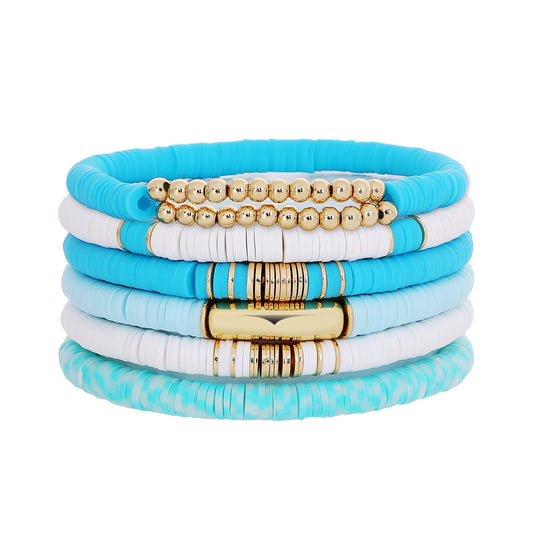 GOOJIDS Surfer Heishi Clay Bead Bracelets for Women Bohemian Stackable Gold Plated Beaded Stretch Bracelets Elastic Layering Friendship Bracelets Set Boho Jewelry