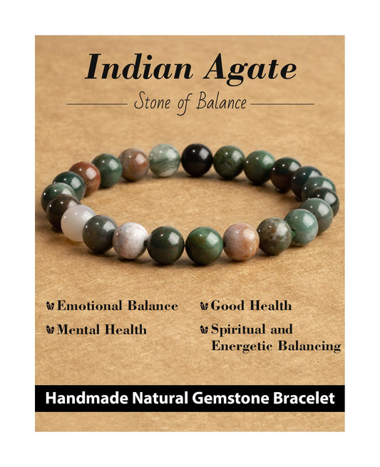 Landorilo Beaded Bracelet for Men Women, 8mm Natural Stone Indian Agate Healing Crystal Stretch Bracelets, Ideal Christmas Birthday Jewelry Gifts with Energy Card，Replacement Beads Included