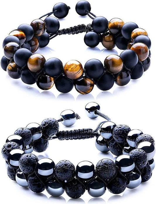 WFJ 2PCS Triple Protection Natural Stone Bracelets Set Mens Black Lava Rock Bracelet Tiger Eye Gemstone Bracelet Yoga Essential Oil Bracelet Charm Gift