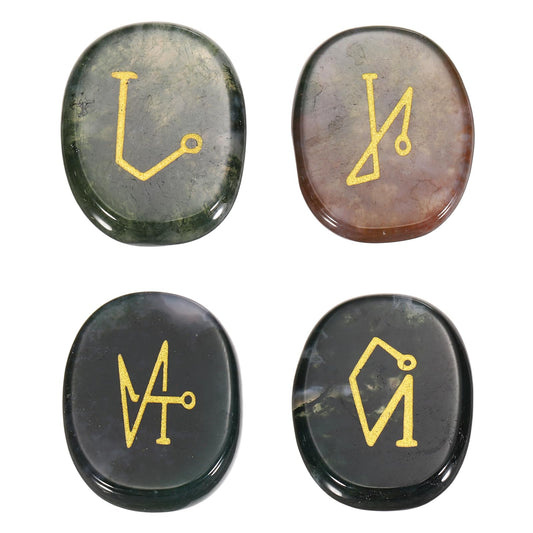MECCANIXITY 4Pcs Engraved Chakra Stones with Reiki Symbols, Indian Agate Reiki Healing Crystal Gemstone 7 Chakra Crystal Stones Tumbled Palm Stone for Anxiety Relieve