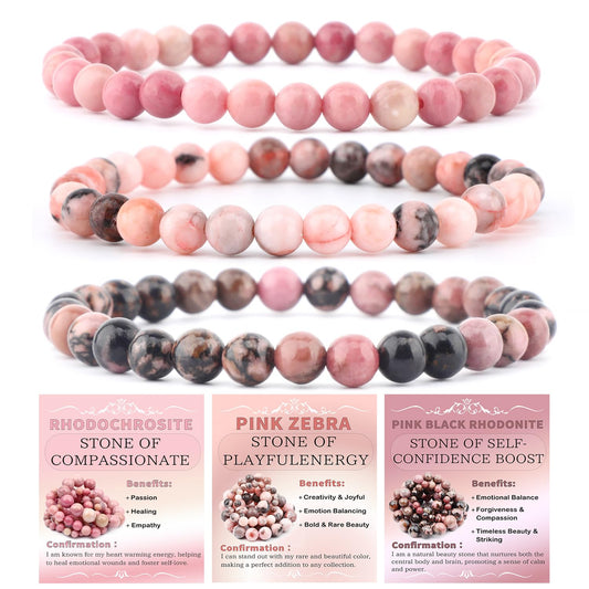 NCB 3-Piece 6mm Natural Crystal Gemstone Stretch Bracelets – ﻿Rhodochrosite, Pink Zebra, Pink Black Rhodonite Handmade Reiki Energy Healing Jewelry for Meditation,Yoga, Unisex