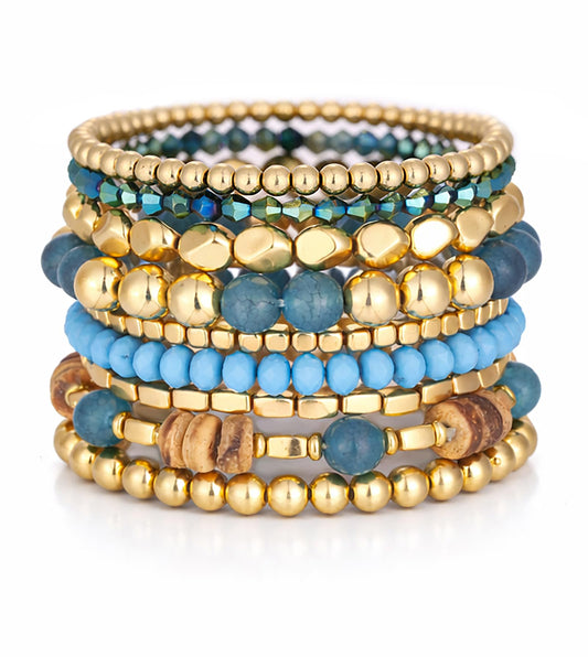 iF YOU 12 Pcs Boho Beaded Bracelets for Women, Brown Orange Bohemian Stackable Gold Bead Stretch Bracelets Stack Jewelry Gift (Blue beaded bracelets)