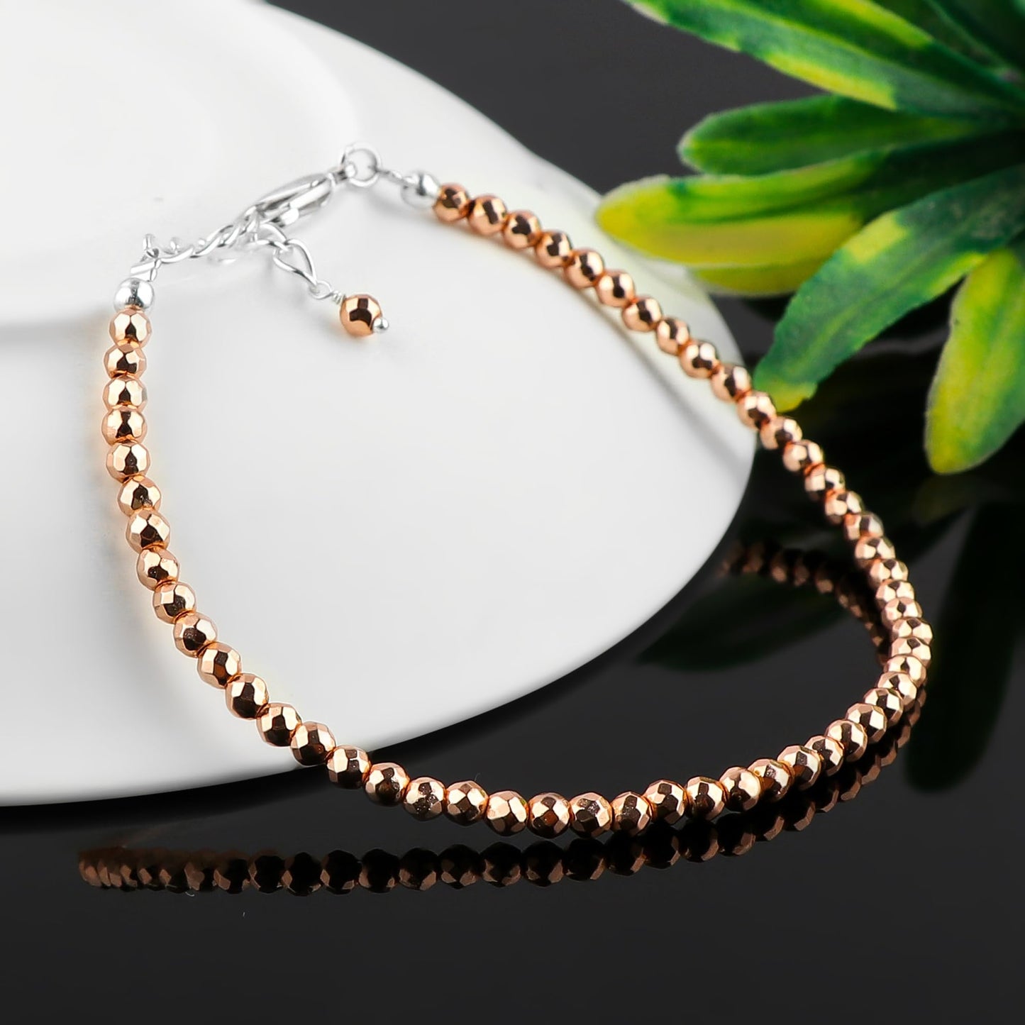 CRYSTALINES Genuine Rose Gold Hametite Gemstone Bracelet, Faceted Beads Stones, Hypoallergenic Handmade Boho Jewelry for Women, Healing Crystals, Adjustable Silver Chain 7+1inch, Birthday Gift