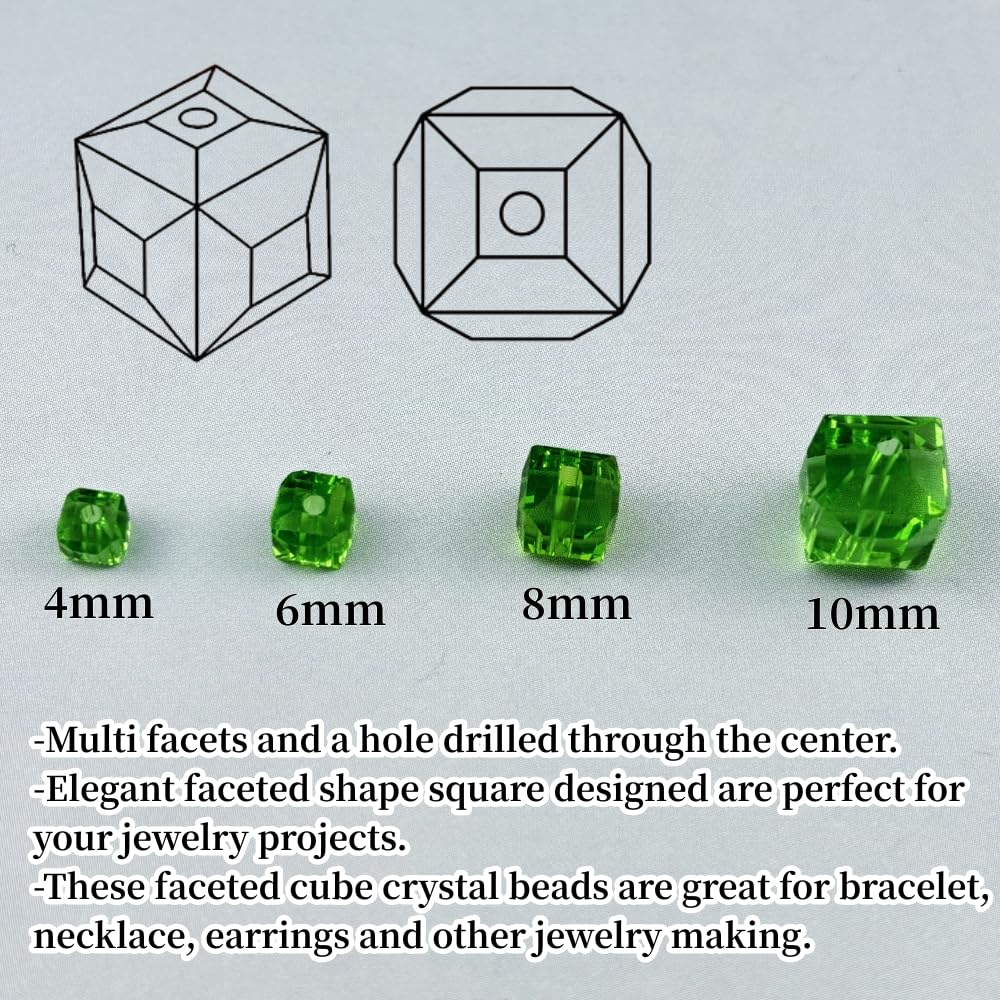 YUEXIGO 200pcs 4mm Cube Crystal Glass Beads for Jewelry Making Faceted Square Crystal Glass Bead Spacer Beads Loose Beads for Bracelet Earring Necklace DIY Craft(Grass Green)