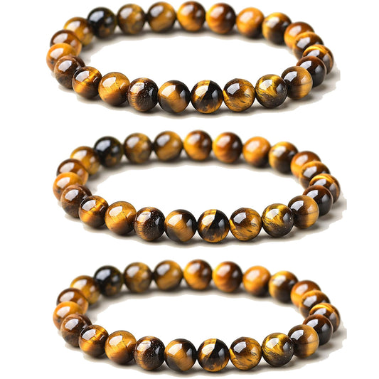 Cryhand Tigers Eye Protection Handmade Bracelet Best Present For Men Women Attract Wealth Chakra Feng Shui Stretchy Beaded Bracelets Lucky Friendship Bracelet (Tigers 3PCS)