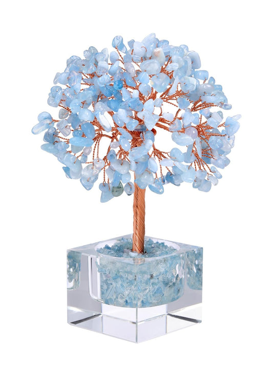 Jovivi Large Crystal Tree with Square Glass Base, Aquamarine Healing Crystals Tree Life Natural Chipped Gemstone Money Trees Feng Shui Good Luck Positive Energy Blue Home Desk Decor